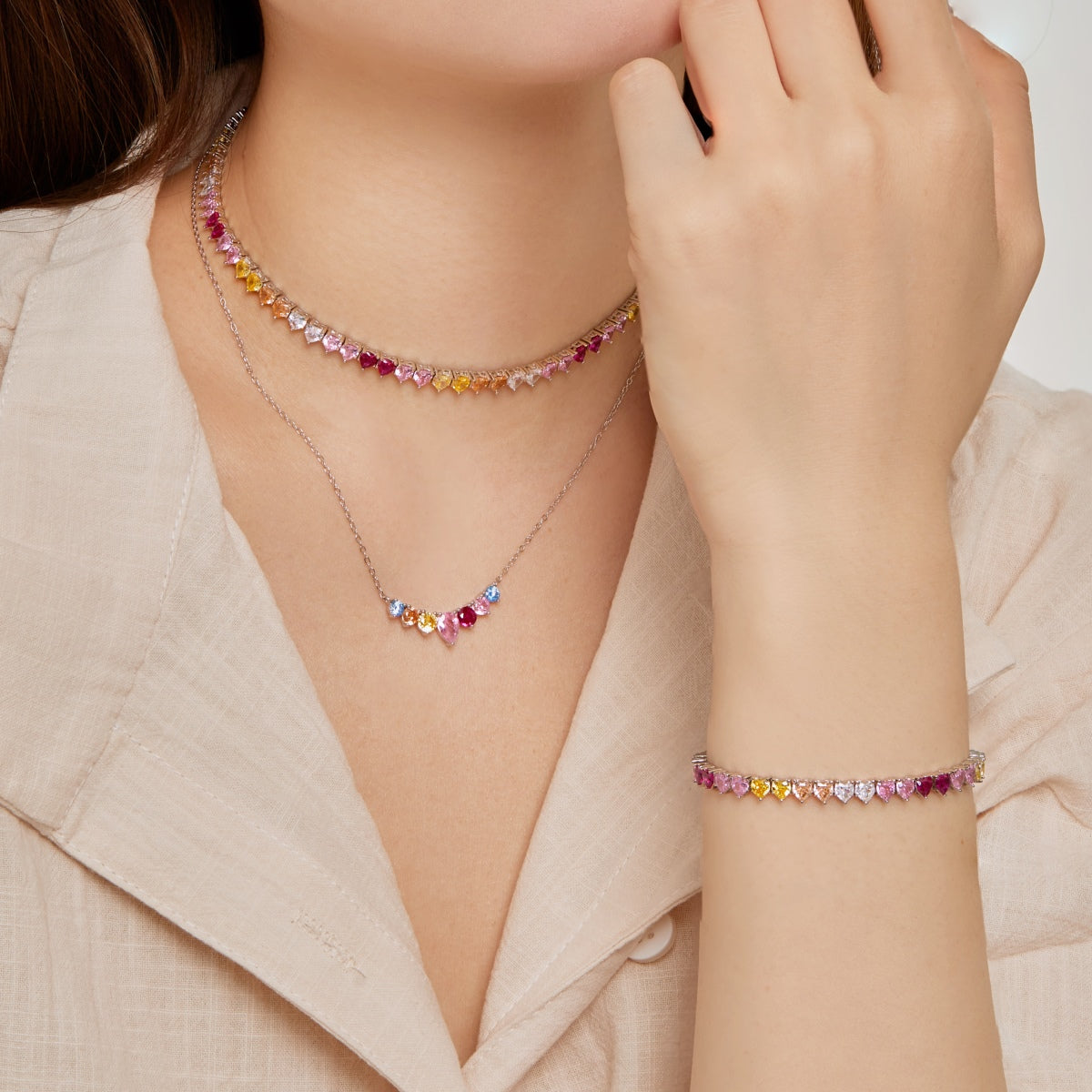 [Kincade Jewelrys]Sparkling Colorful Full Heart Tennis Necklace