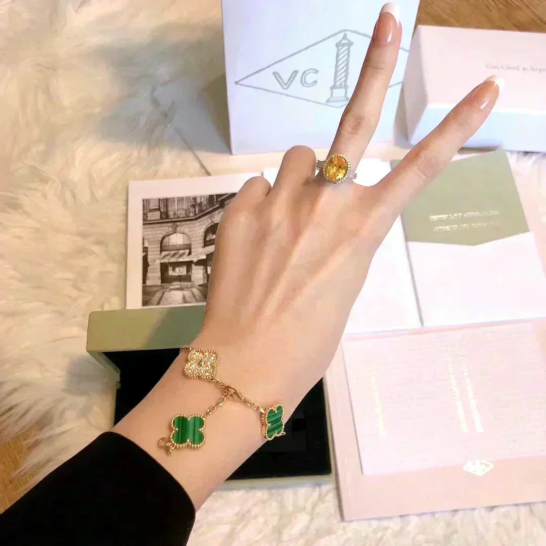 [Kincade Jewelrys]CLOVER  5 MOTIF MALACHITE DIAMOND BRACELET