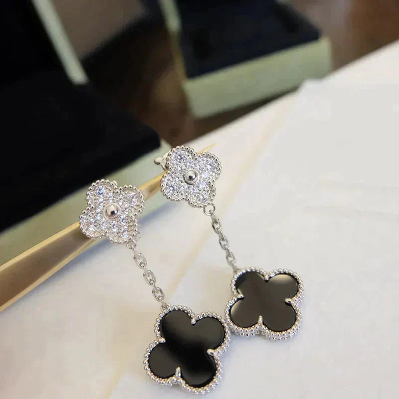 [Kincade Jewelrys]CLOVER 2 MOTIFS  DIAMOND ONYX EARRINGS SILVER