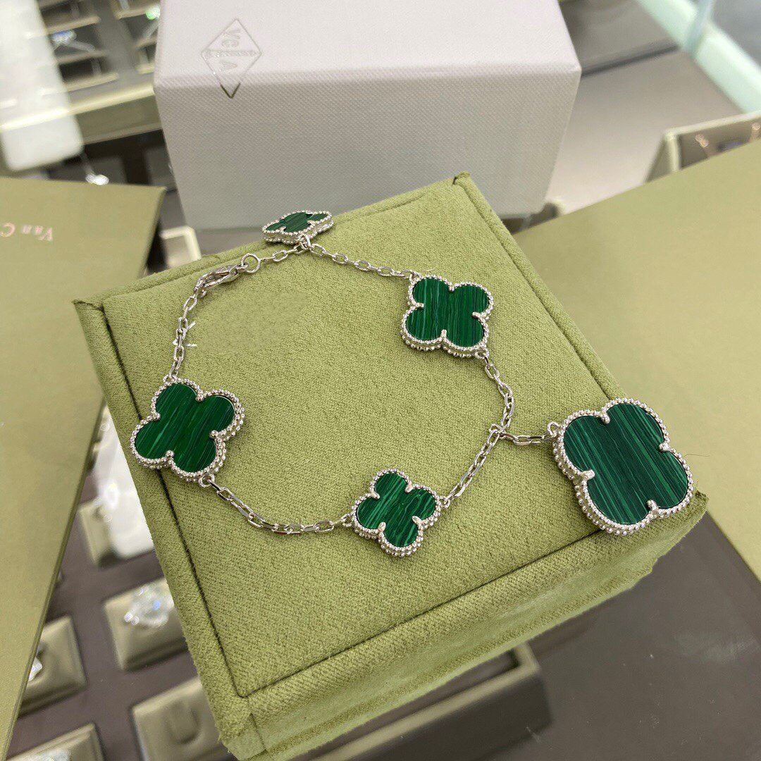 [Kincade Jewelrys]CLOVER 5 MOTIFS SIVLER MALACHITE BRACELET