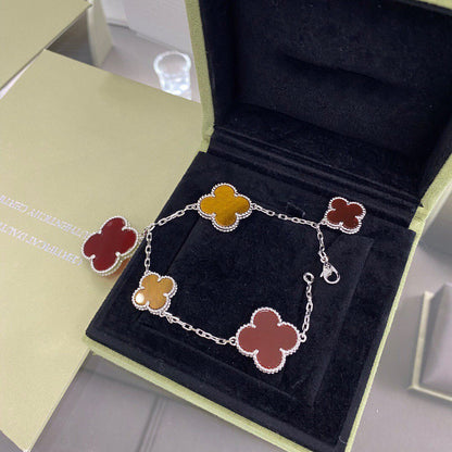 [Kincade Jewelrys] PULSERA DE OJO DE TIGRE CON CORNALINA DE PLATA CON 5 MOTIVOS DE TRÉBOL