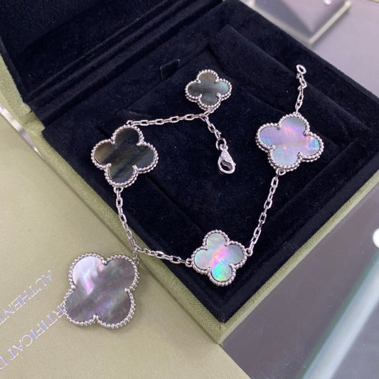 [Kincade Jewelrys]CLOVER 5 MOTIFS SIVLER DARK MOP BRACELET