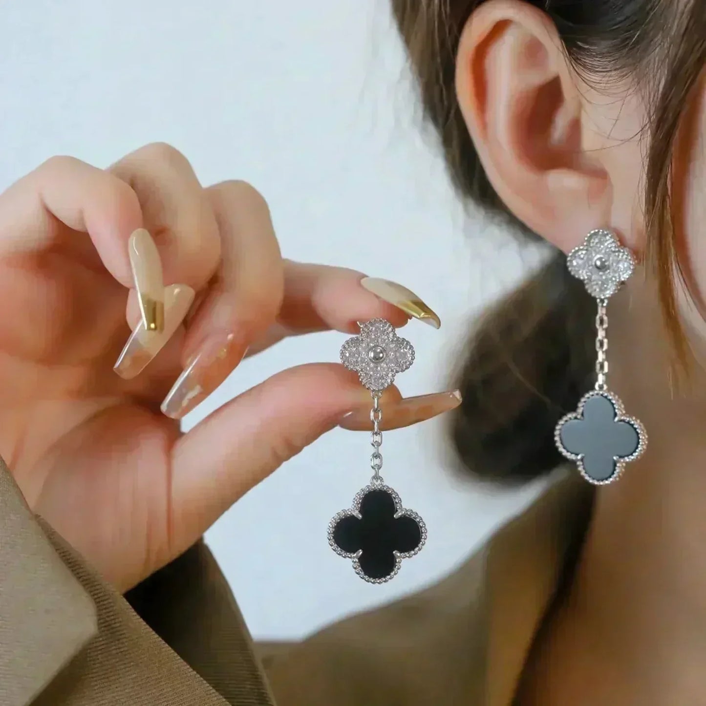 [Kincade Jewelrys]CLOVER 2 MOTIFS  DIAMOND ONYX EARRINGS SILVER