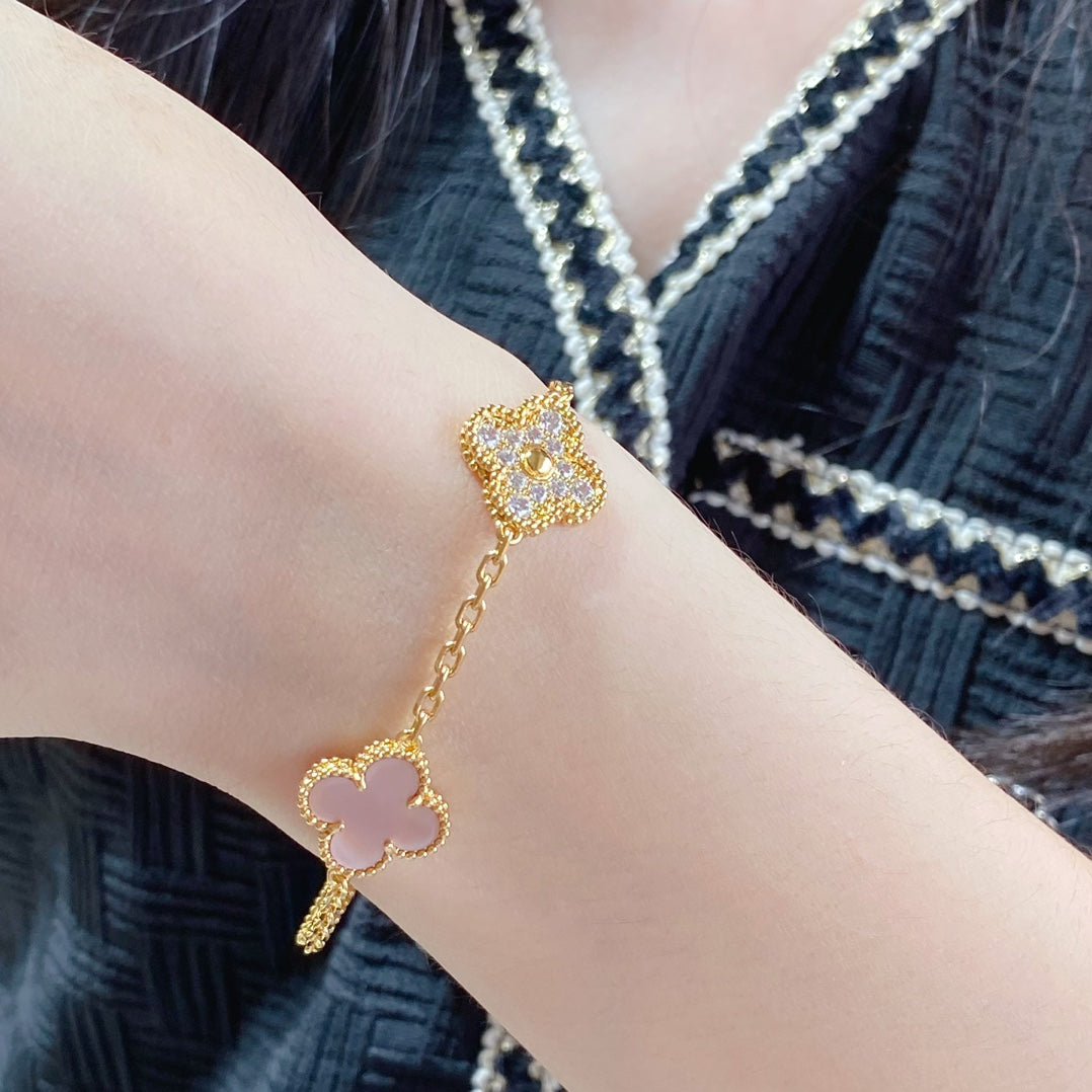 [Kincade Jewelrys]CLOVER 5 MOTIF DIAMOND PINK MOP PINK GOLD BRACELET