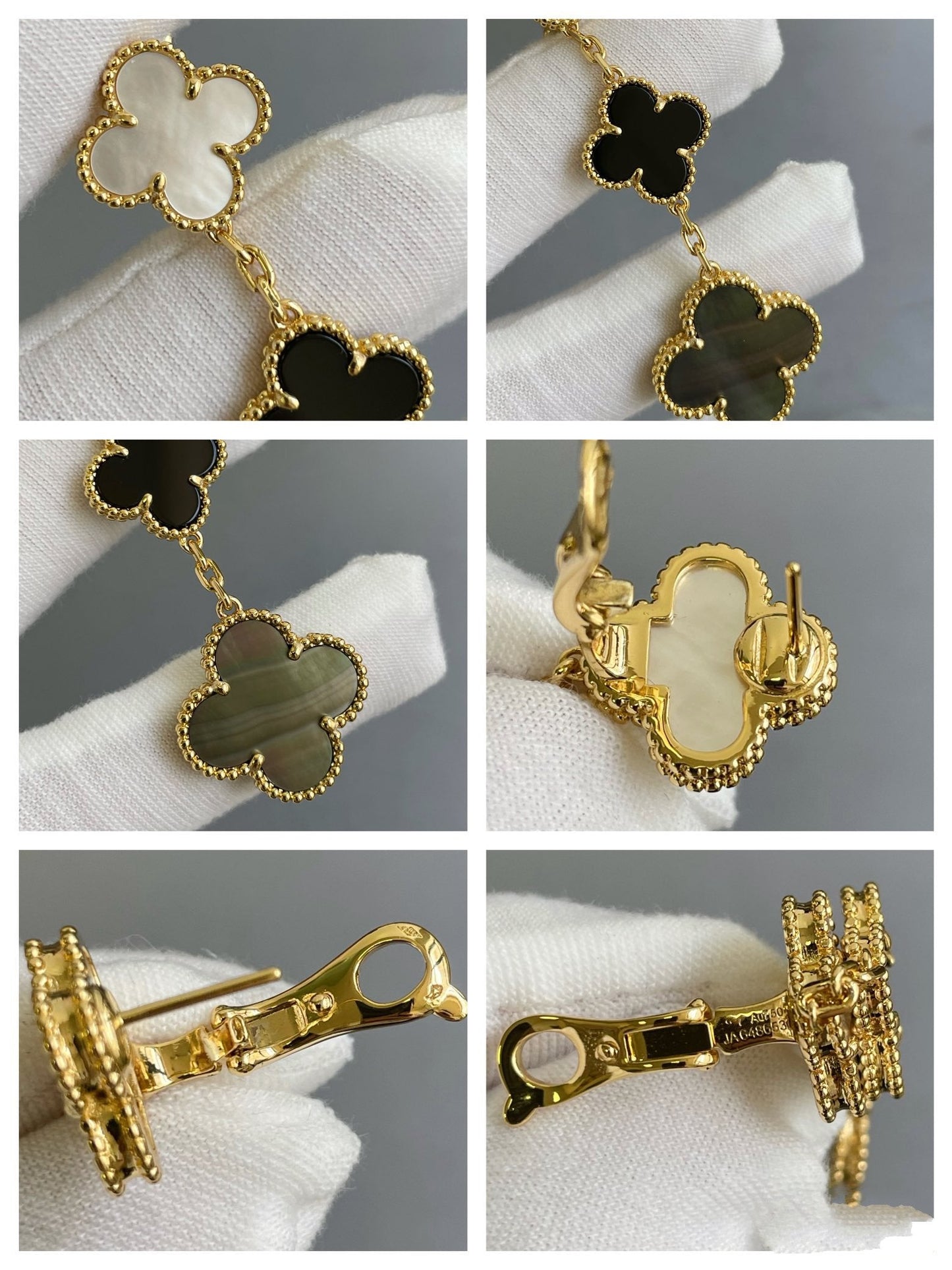 [Kincade Jewelrys]CLOVER 3 MOTIF MOP ONYX DARK MOP PINK GOLD EARRINGS
