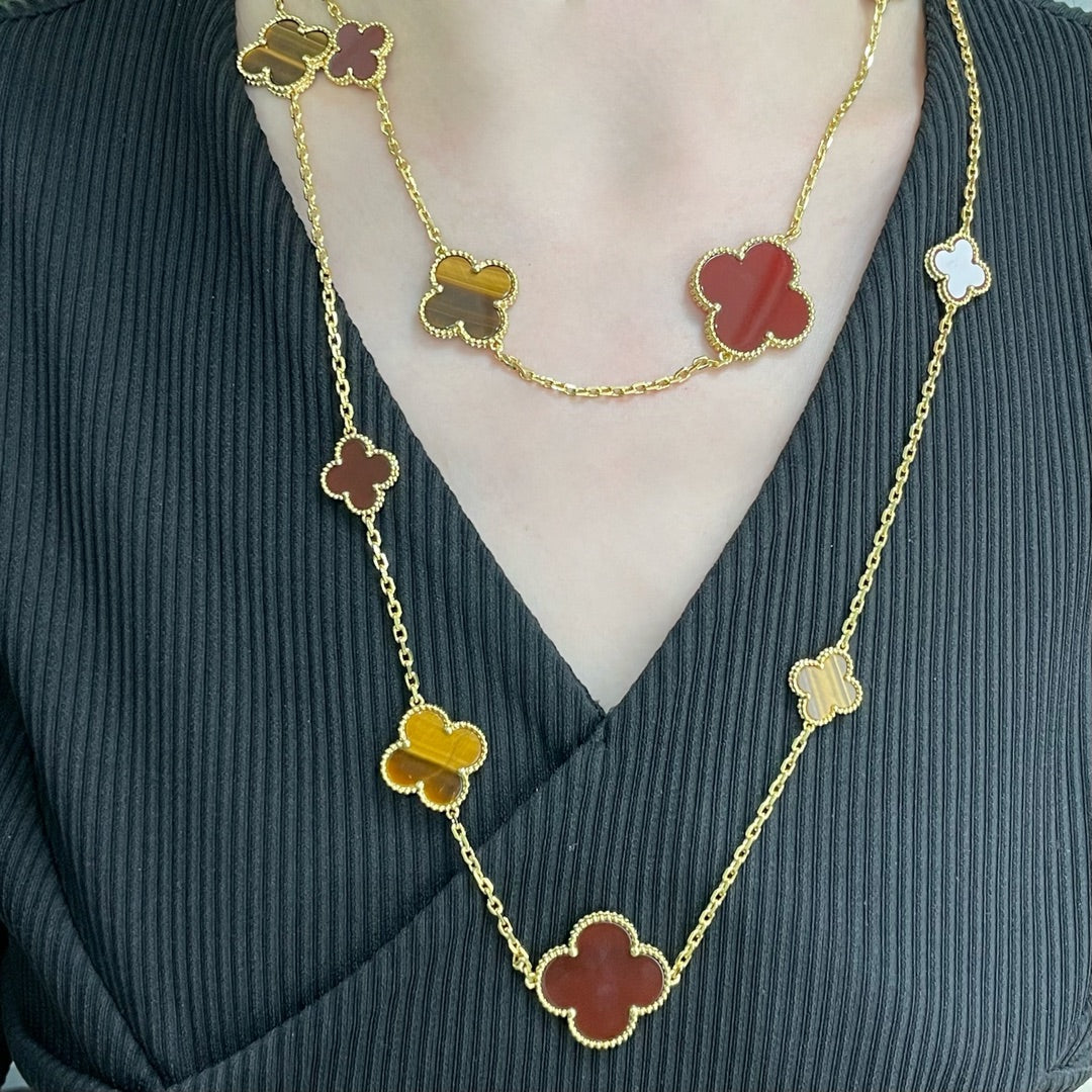 [Kincade Jewelrys]CLOVER 16 MOTIF CARNELIAN TIGER EYE ROSE GOLD NECKLACE