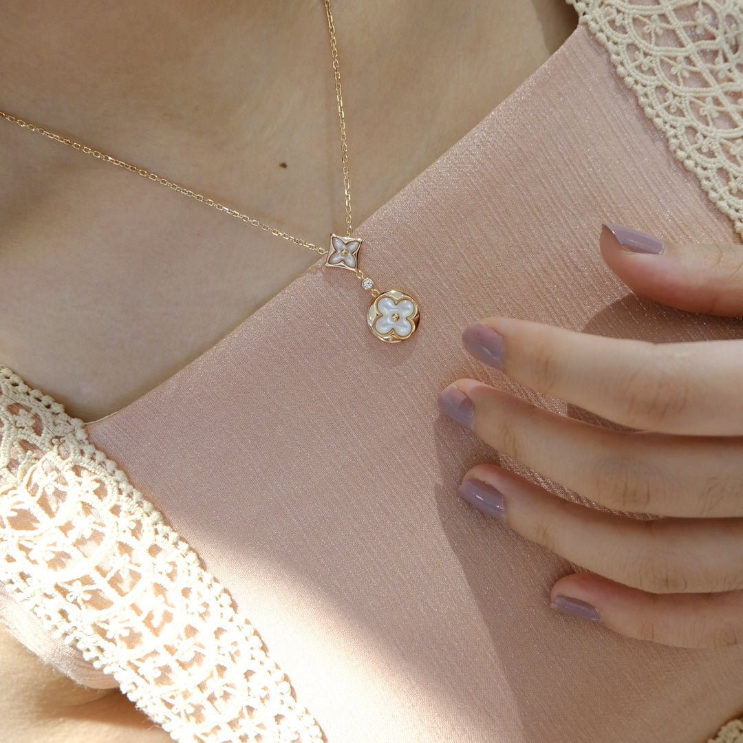 [Kincade Jewelrys]STAR AND SUN WHITE MOP 2 MOTIF PINK GOLD NECKLACE