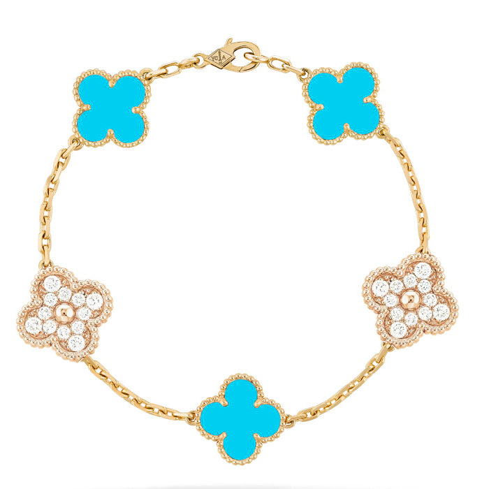 [Joyas Kincade]Pulsera de oro con diamantes turquesa y cinco motivos de trébol