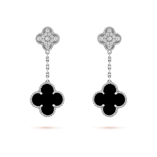 [Kincade Jewelrys]CLOVER 2 MOTIFS  DIAMOND ONYX EARRINGS SILVER