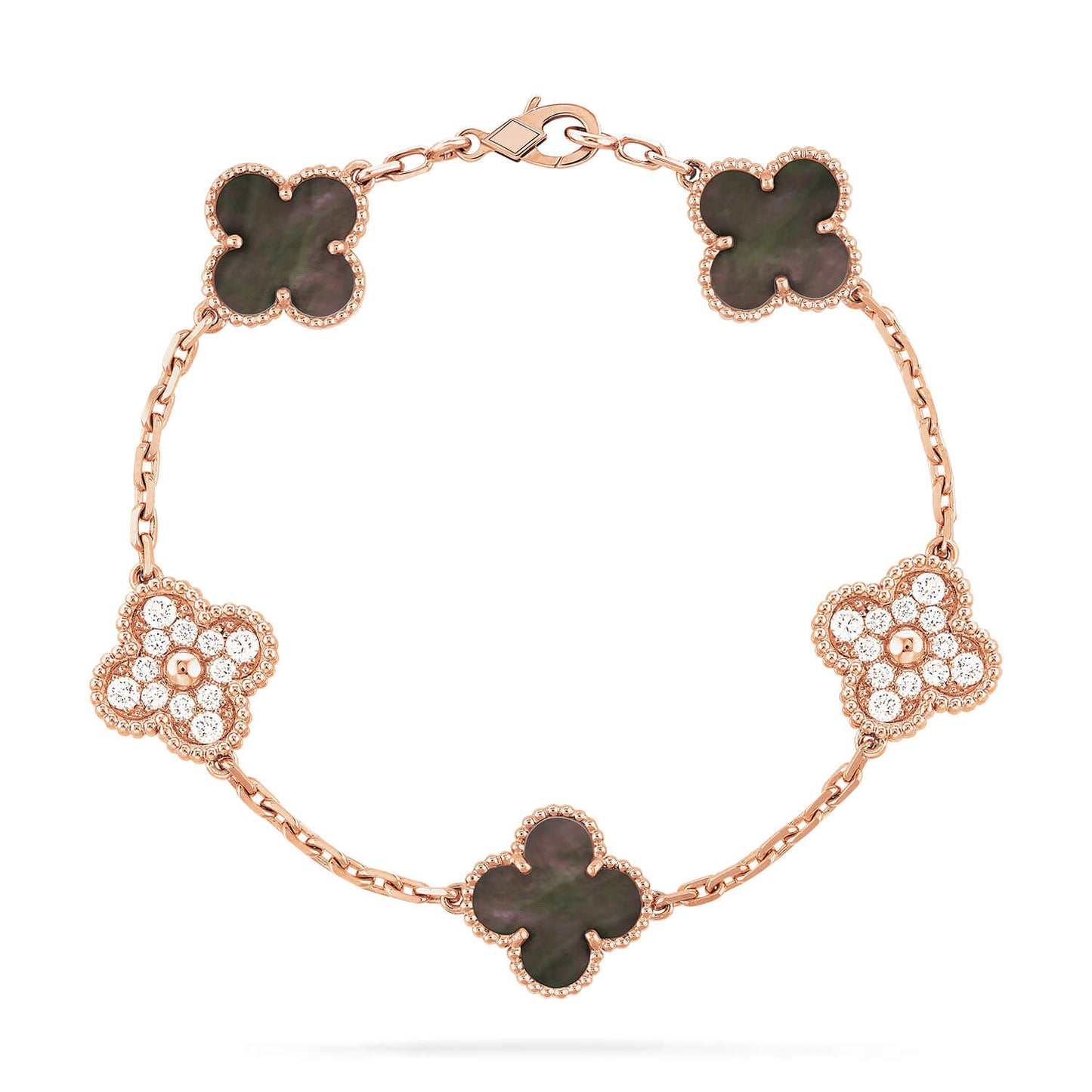 [Kincade Jewelrys] PULSERA DE ORO ROSA CON 5 MOTIVOS DE TRÉBOL, AZUL OSCURO Y DIAMANTES 