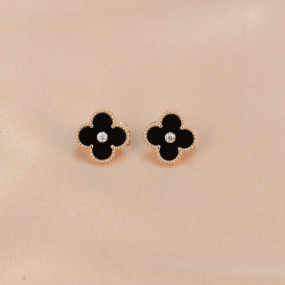 [Kincade Jewelrys]CLOVER MEDIUM 1 MOTIFS ONYX DIAMOND EARRINGS