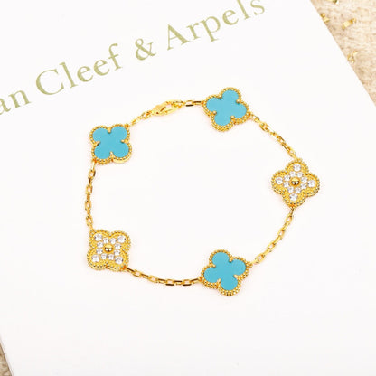 [Joyas Kincade]Pulsera de oro con diamantes turquesa y cinco motivos de trébol