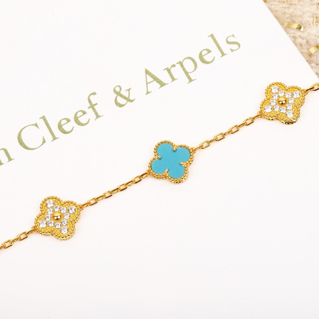[Joyas Kincade]Pulsera de oro con diamantes turquesa y cinco motivos de trébol