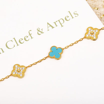 [Joyas Kincade]Pulsera de oro con diamantes turquesa y cinco motivos de trébol