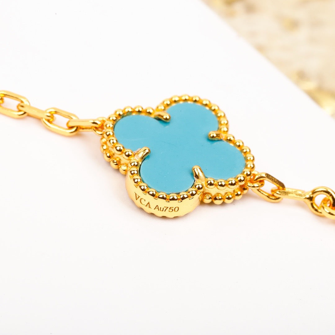 [Joyas Kincade]Pulsera de oro con diamantes turquesa y cinco motivos de trébol