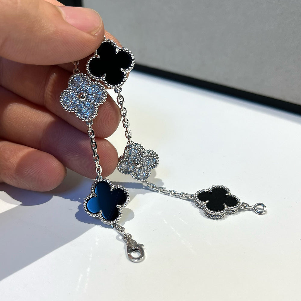 [Kincade Jewelrys]CLOVER 5 MOTIF ONYXS DIAMOND BRACELET SILVER