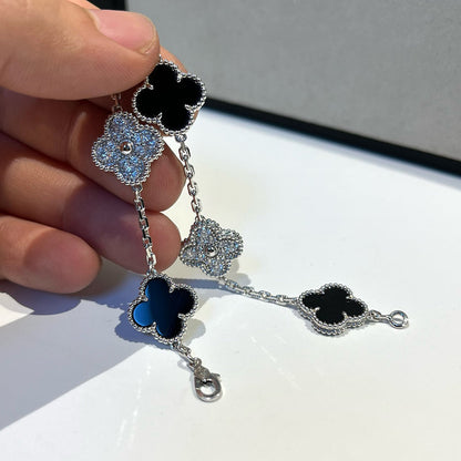 [Kincade Jewelrys]CLOVER 5 MOTIF ONYXS DIAMOND BRACELET SILVER