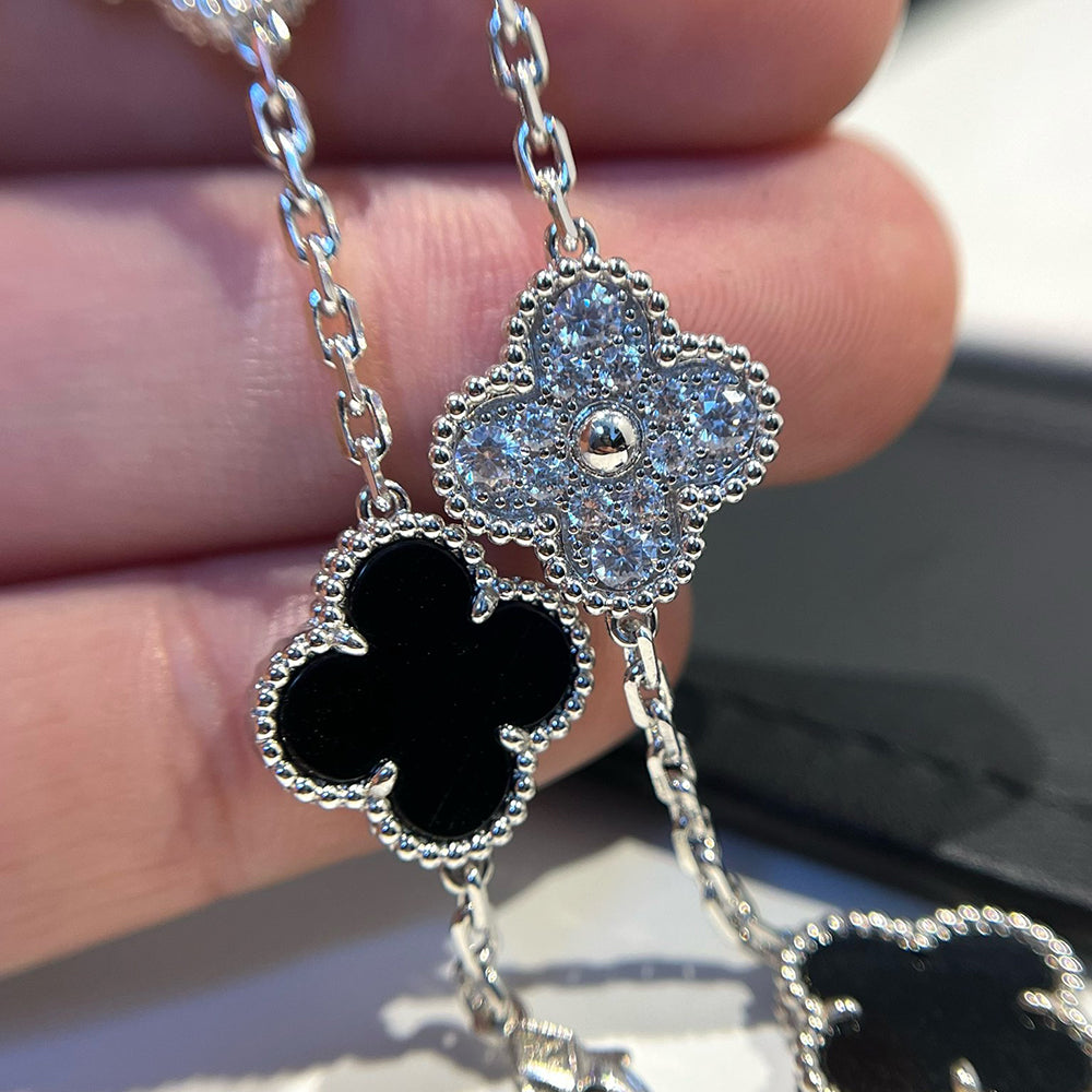 [Kincade Jewelrys]CLOVER 5 MOTIF ONYXS DIAMOND BRACELET SILVER