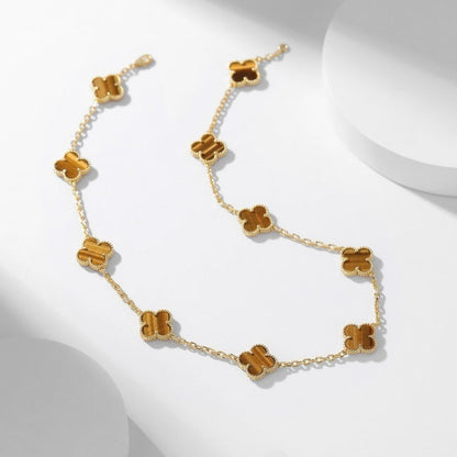 [Joyas Kincade] COLLAR DE OJO DE TIGRE CON 10 MOTIVOS DE TRÉBOLES