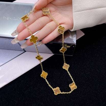 [Joyas Kincade] COLLAR DE OJO DE TIGRE CON 10 MOTIVOS DE TRÉBOLES