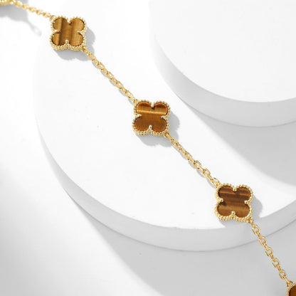 [Joyas Kincade] COLLAR DE OJO DE TIGRE CON 10 MOTIVOS DE TRÉBOLES