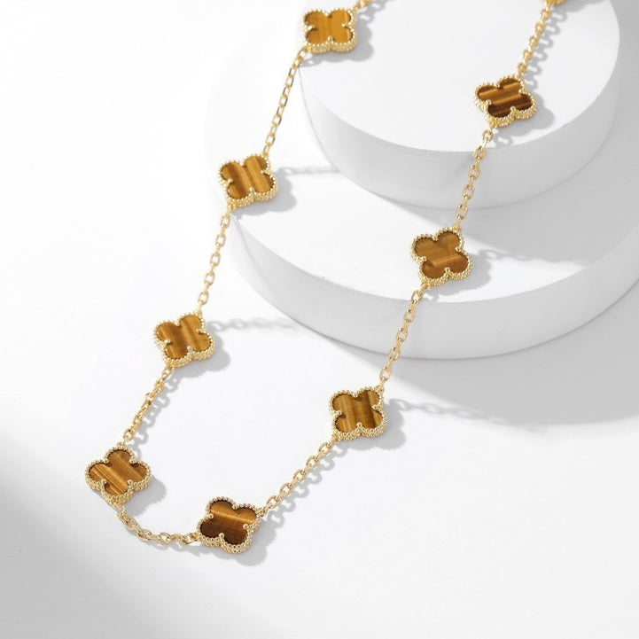 [Joyas Kincade] COLLAR DE OJO DE TIGRE CON 10 MOTIVOS DE TRÉBOLES