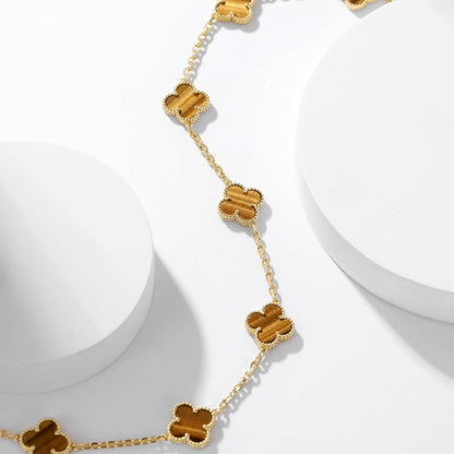 [Joyas Kincade] COLLAR DE OJO DE TIGRE CON 10 MOTIVOS DE TRÉBOLES