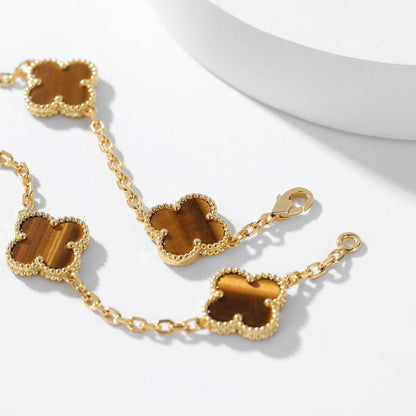 [Joyas Kincade] COLLAR DE OJO DE TIGRE CON 10 MOTIVOS DE TRÉBOLES