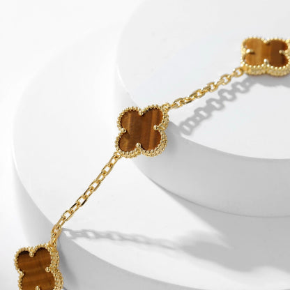 [Joyas Kincade] COLLAR DE OJO DE TIGRE CON 10 MOTIVOS DE TRÉBOLES