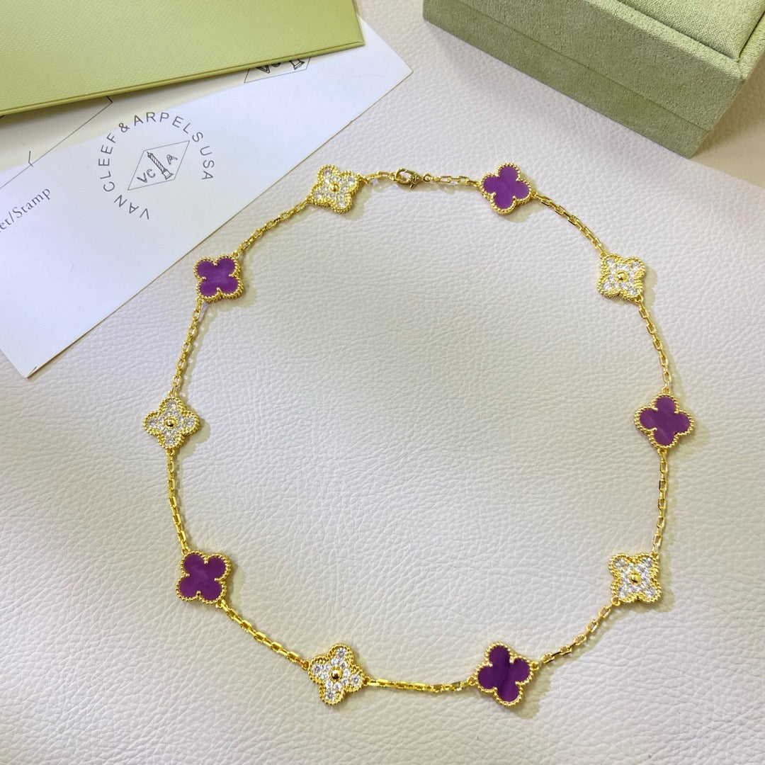 [Kincade Jewelrys] COLLAR DE DIAMANTES PÚRPURA VIOLETA CON 10 MOTIVOS DE TRÉBOL
