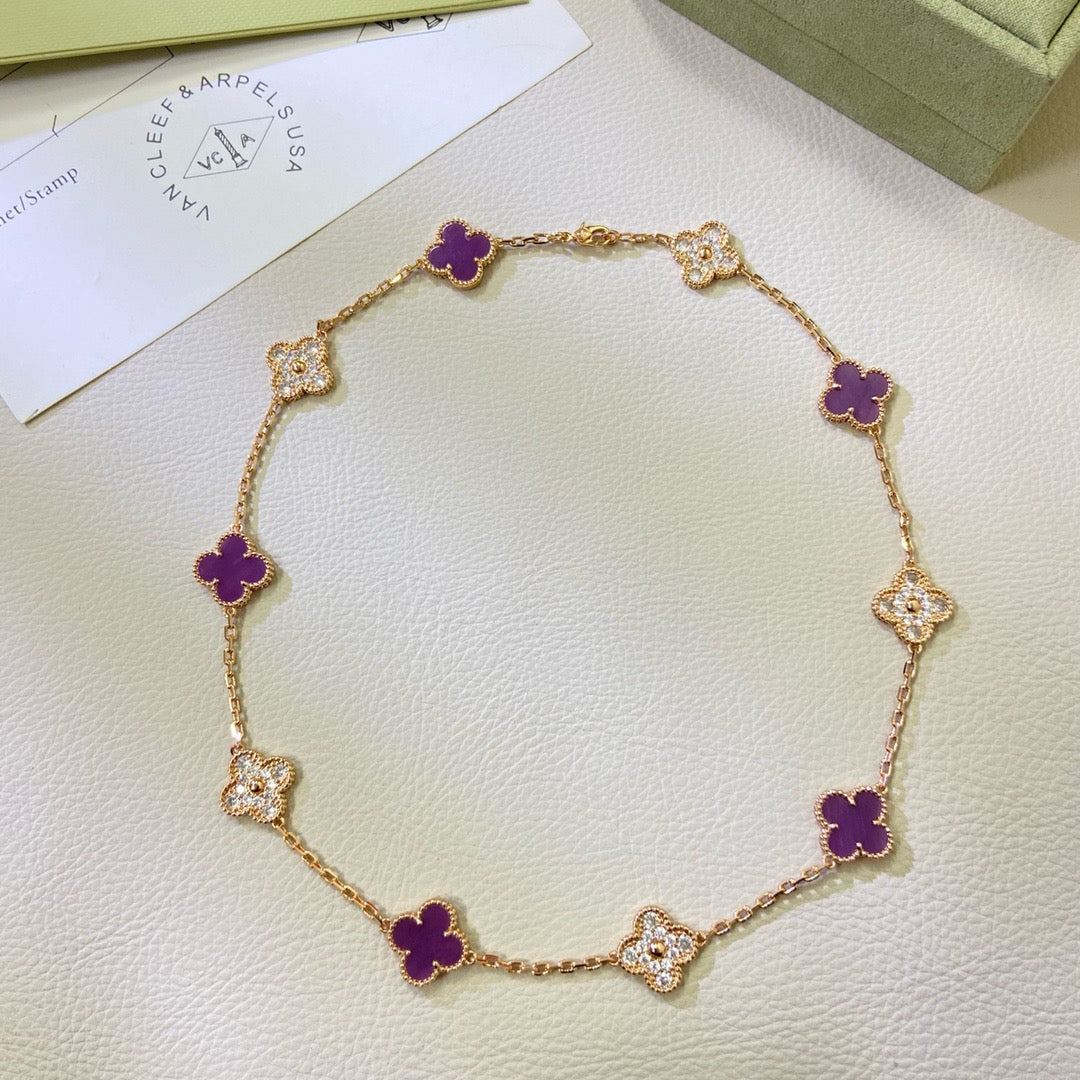 [Kincade Jewelrys] COLLAR DE DIAMANTES PÚRPURA VIOLETA CON 10 MOTIVOS DE TRÉBOL