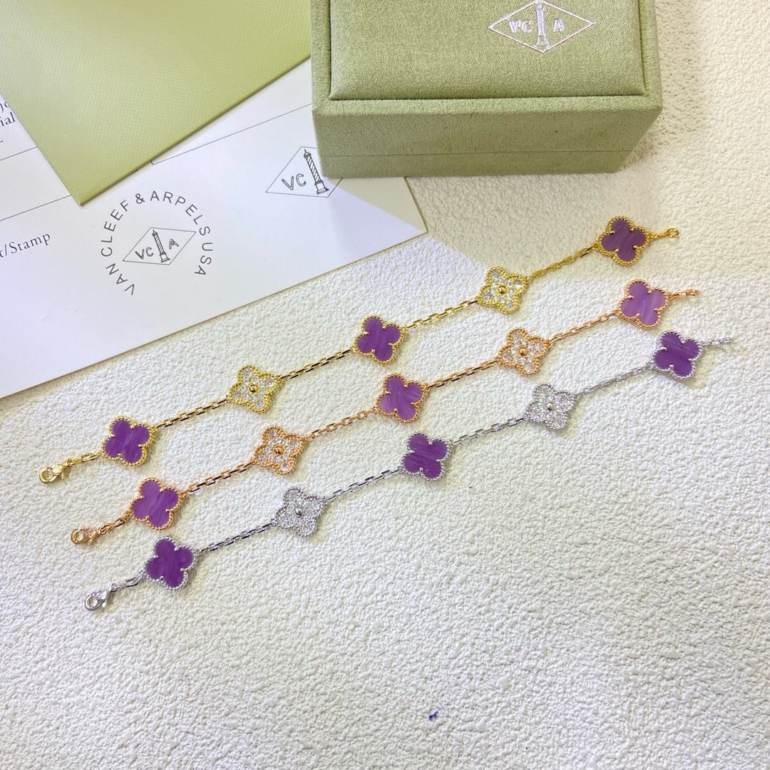 [Kincade Jewelrys] PULSERA DE DIAMANTES PÚRPURA VIOLETA CON 5 MOTIVOS DE TRÉBOL