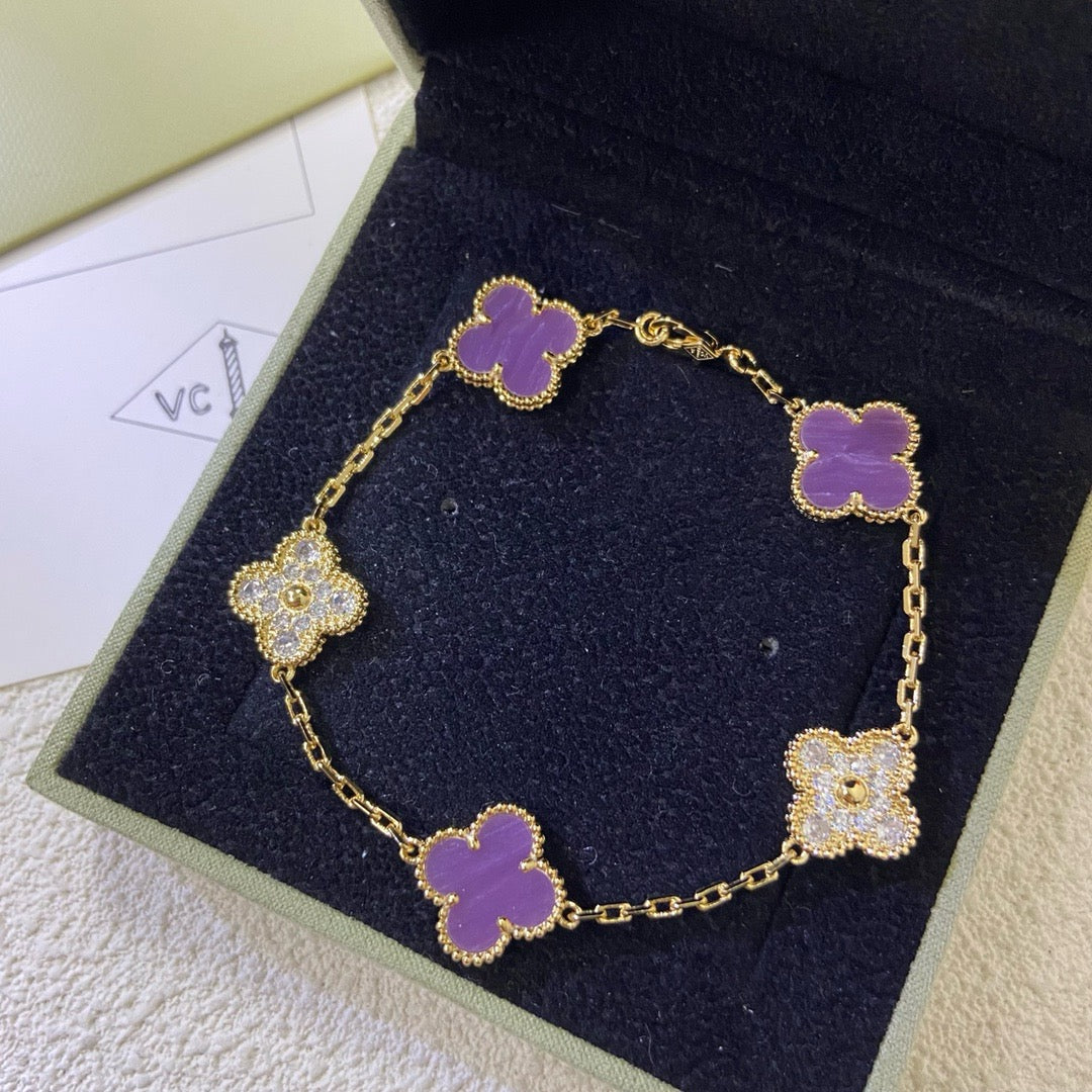 [Kincade Jewelrys] PULSERA DE DIAMANTES PÚRPURA VIOLETA CON 5 MOTIVOS DE TRÉBOL