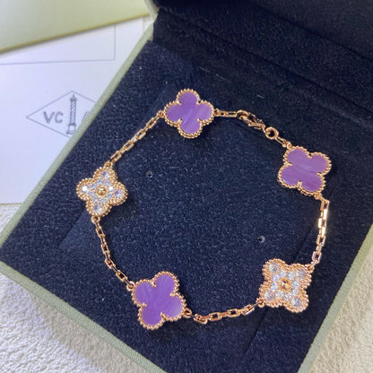[Kincade Jewelrys] PULSERA DE DIAMANTES PÚRPURA VIOLETA CON 5 MOTIVOS DE TRÉBOL