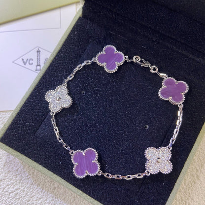 [Kincade Jewelrys] PULSERA DE DIAMANTES PÚRPURA VIOLETA CON 5 MOTIVOS DE TRÉBOL