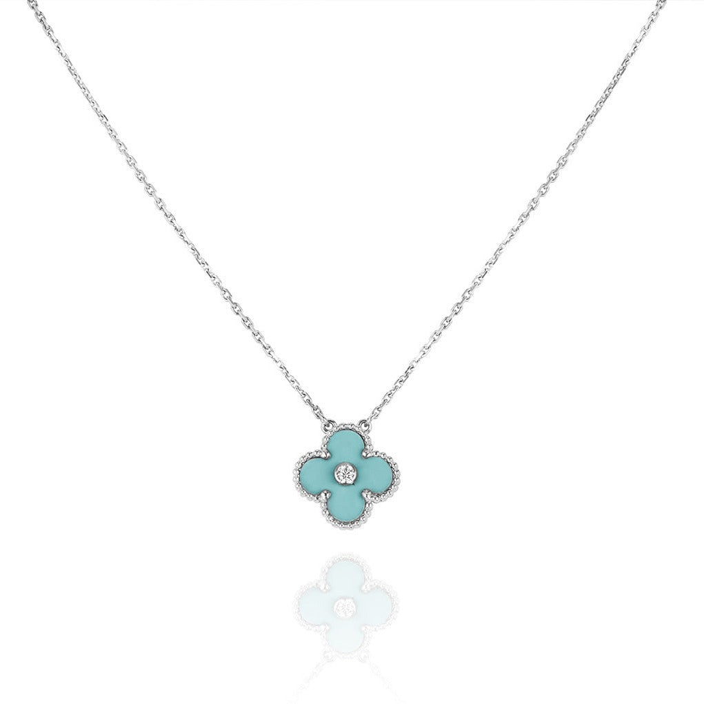 [Kincade Jewelrys] COLLAR DE PLATA AZUL CLARO CON 1 DIAMANTE Y TRÉBOL
