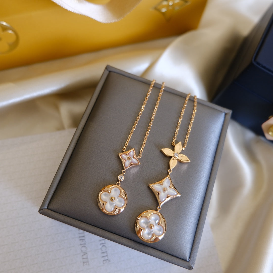 [Kincade Jewelrys]COLOR BLOSSOM LARIAT NECKLACE PINK GOLD WHITE MOTHER PEARL AND DIAMOND