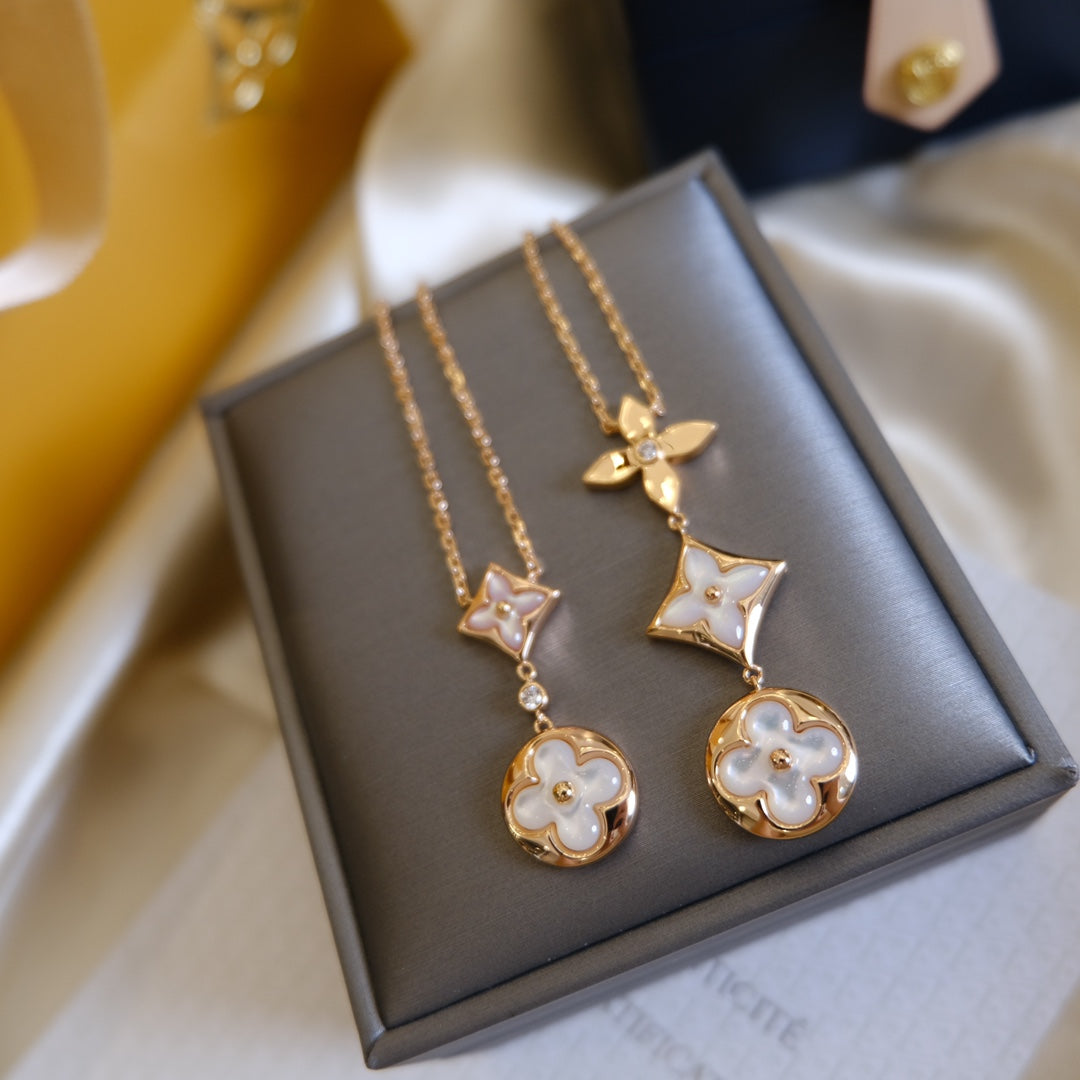 [Kincade Jewelrys]COLOR BLOSSOM LARIAT NECKLACE PINK GOLD WHITE MOTHER PEARL AND DIAMOND