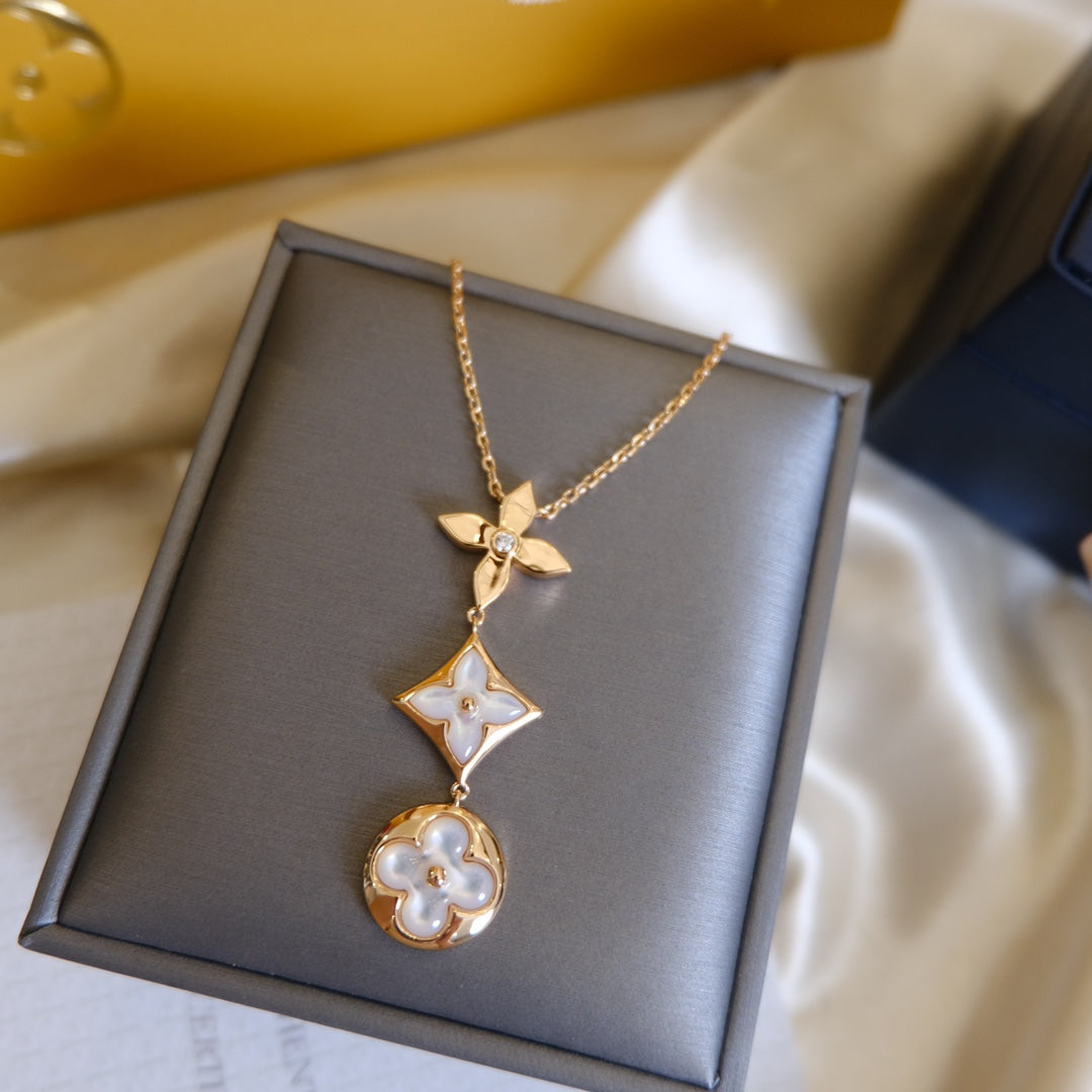 [Kincade Jewelrys]COLOR BLOSSOM LARIAT NECKLACE PINK GOLD WHITE MOTHER PEARL AND DIAMOND
