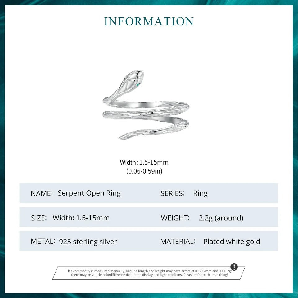 Anillo ajustable de serpiente de plata de ley