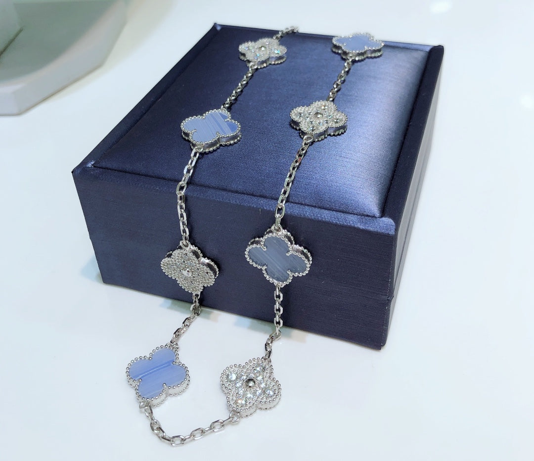 [Kincade Jewelrys]CLOVER 10 MOTIFS CHALCEDONY DIAMONDS SILVER NECKLACE