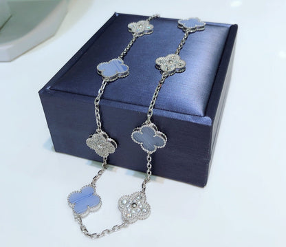 [Kincade Jewelrys]CLOVER 10 MOTIFS CHALCEDONY DIAMONDS SILVER NECKLACE