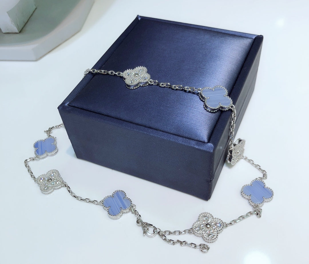 [Kincade Jewelrys]CLOVER 10 MOTIFS CHALCEDONY DIAMONDS SILVER NECKLACE