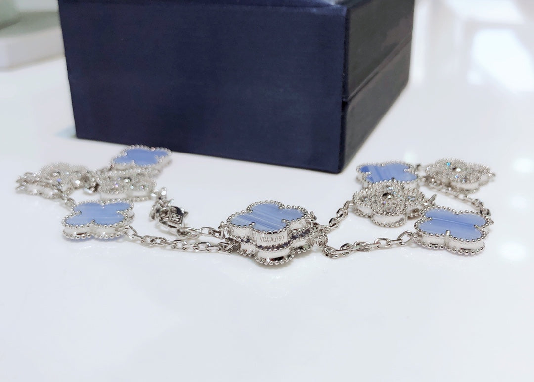 [Kincade Jewelrys]CLOVER 10 MOTIFS CHALCEDONY DIAMONDS SILVER NECKLACE